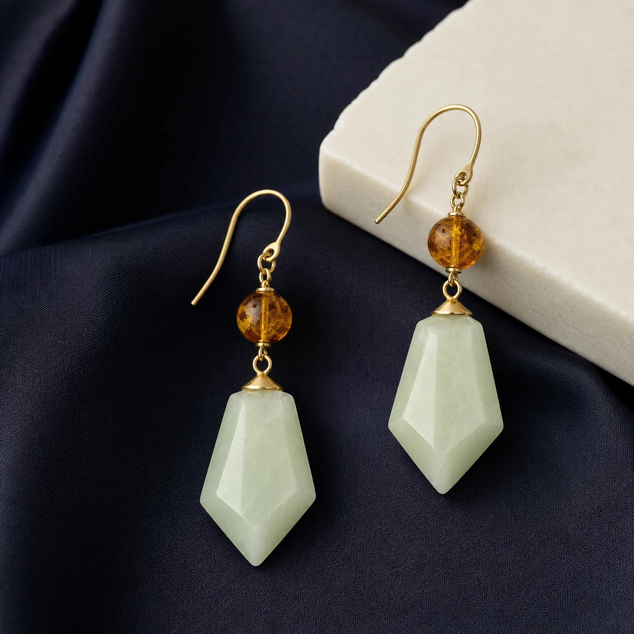 Jade and amber earrings with contrasting natural color